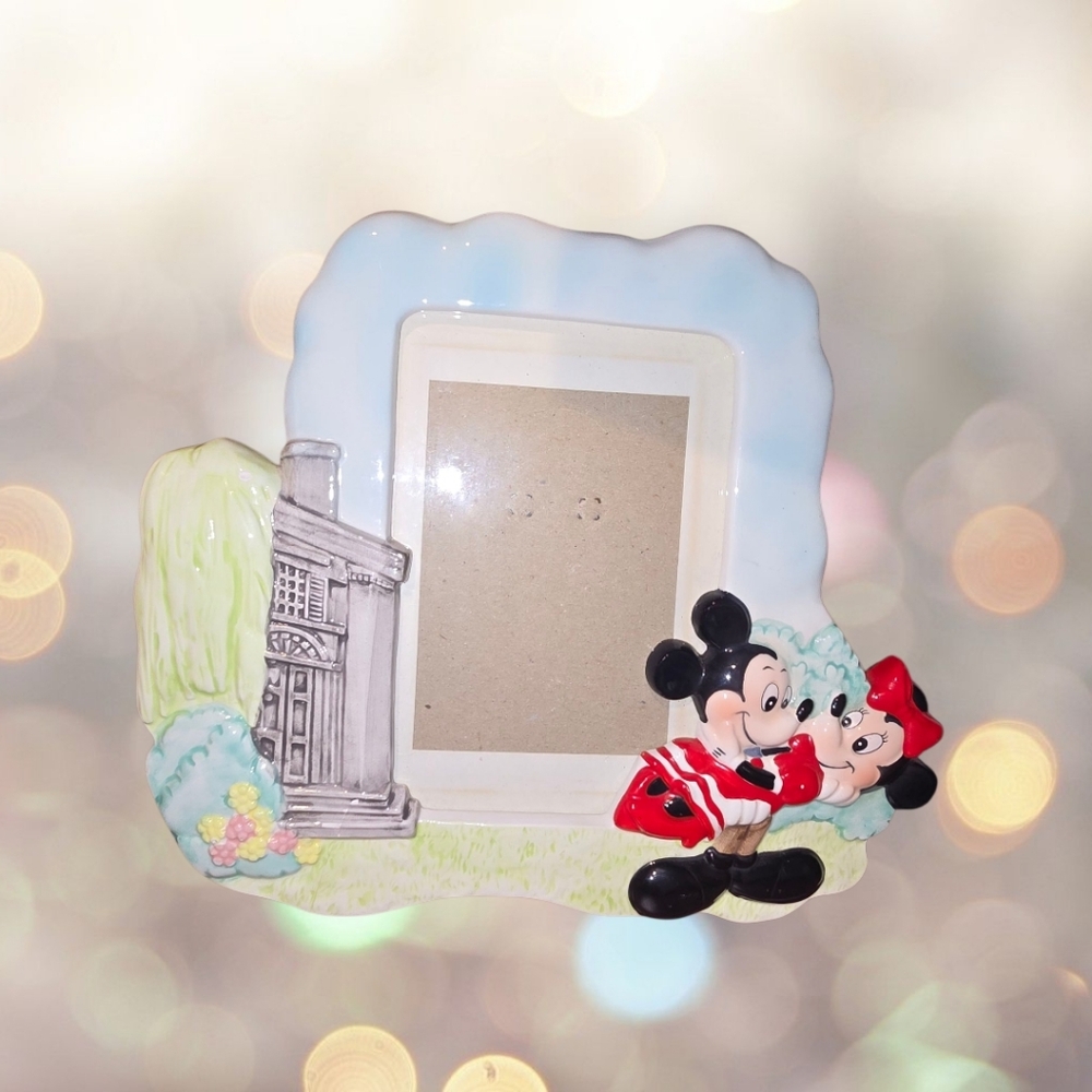 Vintage Glazed Ceramic Photo Frame Mickey & Minnie, 1980s Era Rare Disney